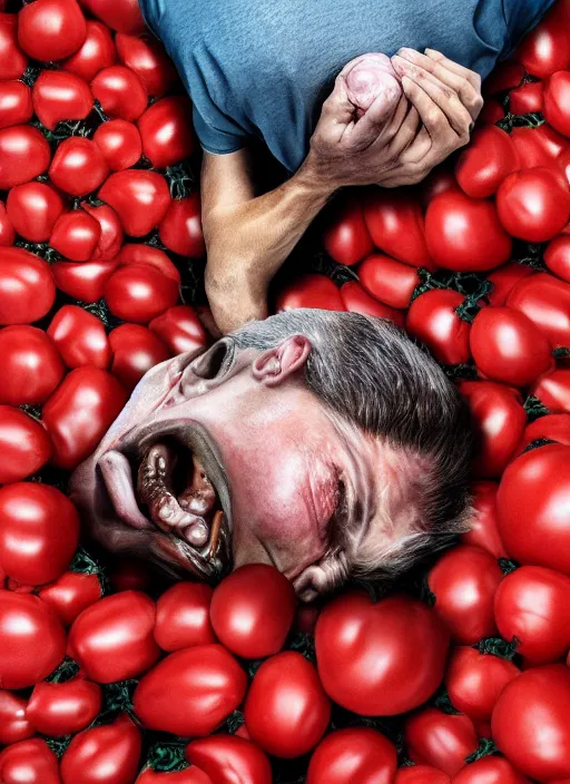 Image similar to a hyper realistic ultra realistic photograph of a man transmogrifying into crumpled tomato, top secret, highly detailed, 8k photo