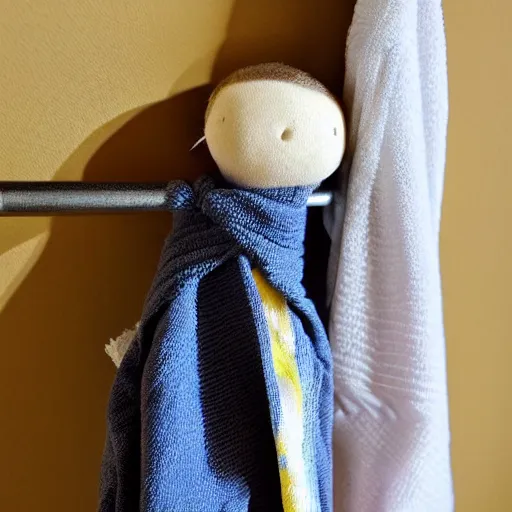 Prompt: a doll tied to a towel rack in the bathroom with a fabric belt