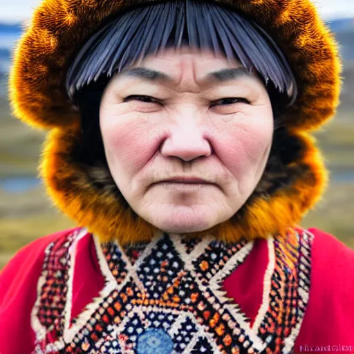 Image similar to ethnographic portraiture photograph of an extremely beautiful!!!! young woman with symmetric face. wearing traditional greenlandic national costume. in iceland. in front of her house. petzval lens. shallow depth of field. on flickr, award winning. national geographic