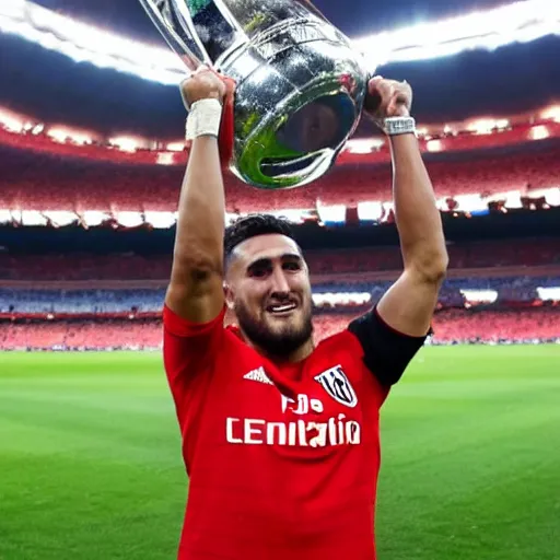 Image similar to high quality front picture of koke resurreccion lifting the champions league throphy with at madrid