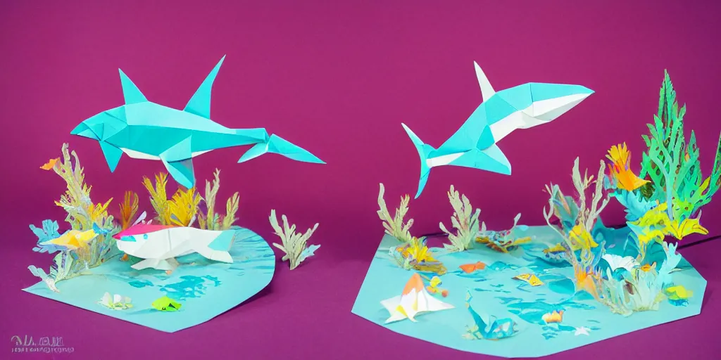 Image similar to paper craft diorama of an underwater party with origami sharks and a mermaid