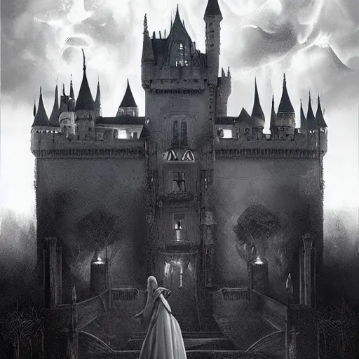 Image similar to By Tom Bagshaw, ultra realist soft painting of a castle court by night, centered fading Emma watson fully dressed, horror, omnious sky, symmetry accurate features, very intricate details, black and white, volumetric light clouds, 8K