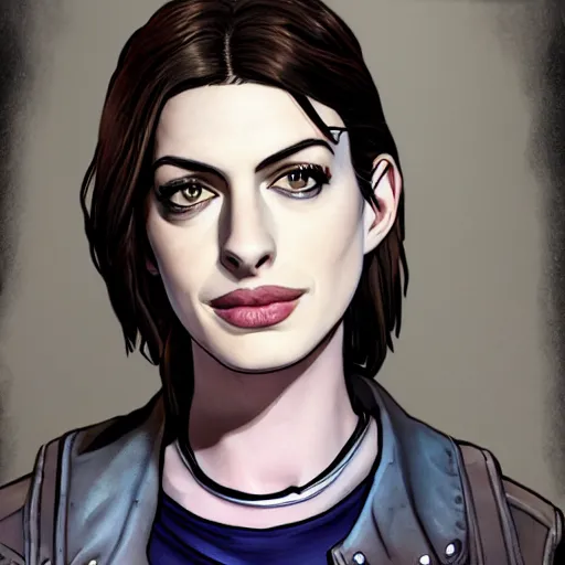 Prompt: anne hathaway portrait, borderlands, tales from the borderlands, the wolf among us, comic, cinematic lighting, studio quality, 8 k