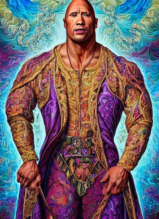 Prompt: beautiful oil painting, full length portrait of Dwayne the rock Johnson as Louis xiv in coronation robes 1701, Dan Mumford, Dan Mumford, Alex grey, Alex grey, highly detailed , lsd visuals, dmt fractal patterns, hallucinogen, visionary art, psychedelic art, ornate, vaporwave