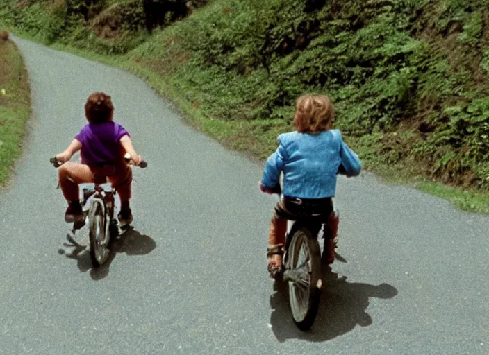 Image similar to film still of thanos riding a small childrens bike down a steep mountain road in the goonies 1 9 8 5