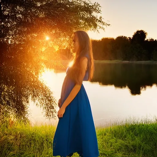 Prompt: a beautiful young woman in a sundress standing by a lake at sunset | soft atmospheric lighting