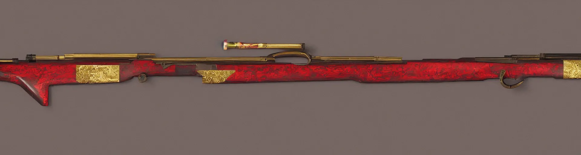 Image similar to a shotgun made from glossy red - painted wood and elements of gold metalwork