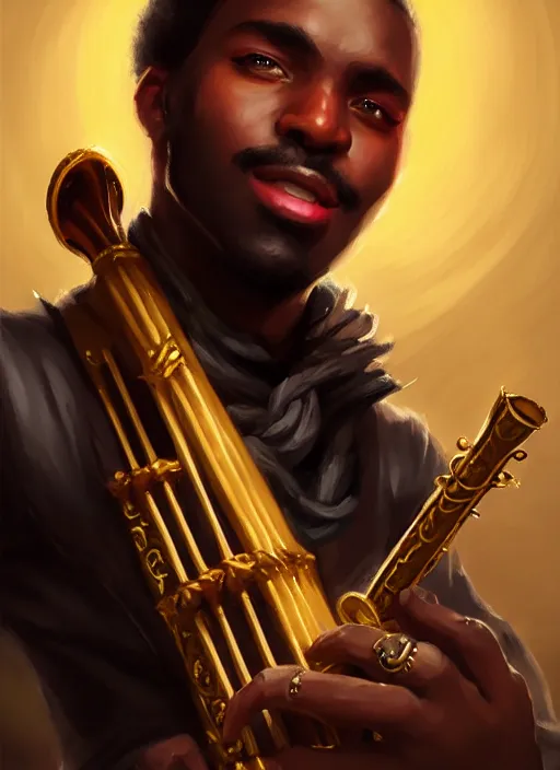 Image similar to a _ fantasy _ style _ portrait _ painting _ of black male charismatic bard playing instrument, rpg dnd oil _ painting _ unreal _ 5 _ daz. _ rpg _ portrait _ extremely _ detailed _ artgerm _ greg _ rutkowski _ greg