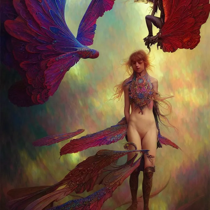 Image similar to psychedelic wings, diffuse lighting, fantasy, intricate, elegant, highly detailed, lifelike, photorealistic, digital painting, artstation, illustration, concept art, smooth, sharp focus, art by John Collier and Albert Aublet and Krenz Cushart and Artem Demura and Alphonse Mucha