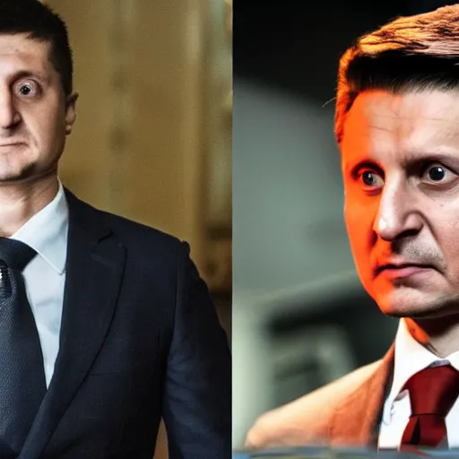 Image similar to Volodymyr Zelenskiy as The American Psycho, sweating profusely, staring intensely