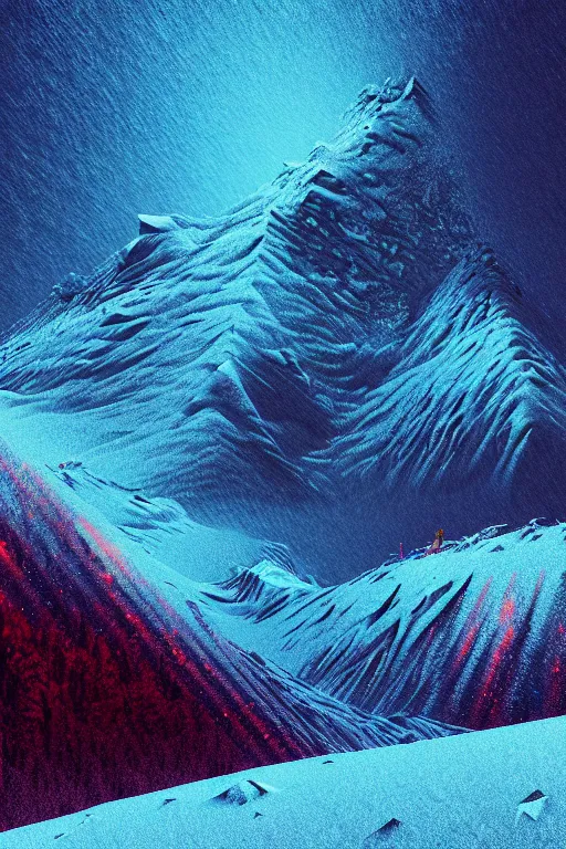 Image similar to a snowy mountain scene by arthur haas and bruce pennington and john schoenherr, cinematic matte painting in the style of glitch art, minimal modern pixel sorting, zaha hadid building, photo realism, neon lights, dark moody color palate,