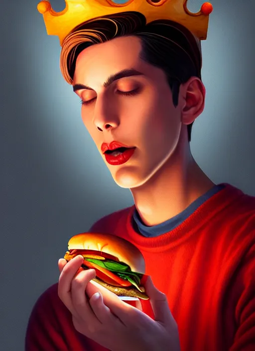 Image similar to portrait of jughead jones, eating a hamburger, wearing a crown, eyes closed, intricate, elegant, glowing lights, highly detailed, digital painting, artstation, concept art, smooth, sharp focus, illustration, art by wlop, mars ravelo and greg rutkowski