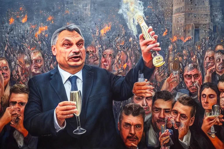 Prompt: viktor orban drinking champagne and cheering at the apocalyse in front a burning city, highly detailed eyes, oil on canvas