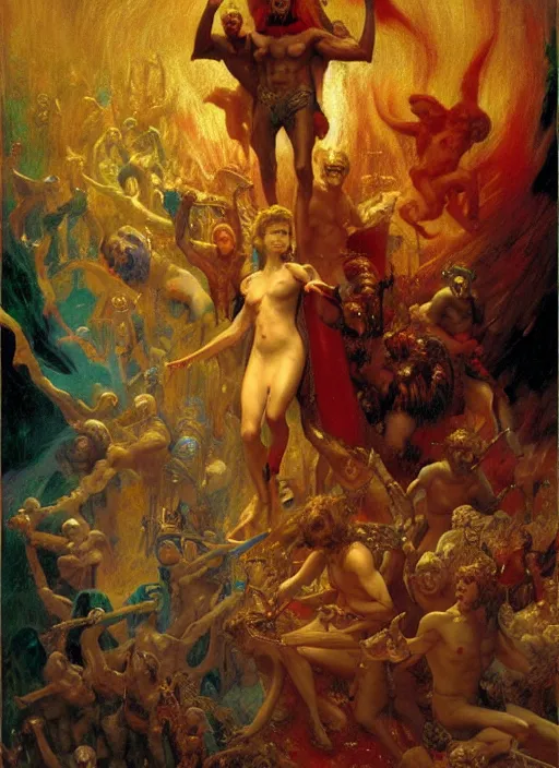 Image similar to the seventh circle of hell from dante's divine comedy with lots of colours. highly detailed painting by gaston bussiere, craig mullins, j. c. leyendecker 8 k