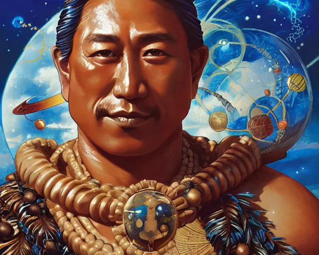 Image similar to duke kahanamoku as a hawaiian warrior surrounded by intergalactic planets connected by streams of multiversal flow, sigma male, gigachad, visually stunning, luxurious, by wlop, james jean, jakub rebelka, tran nguyen, peter mohrbacher, yoann lossel