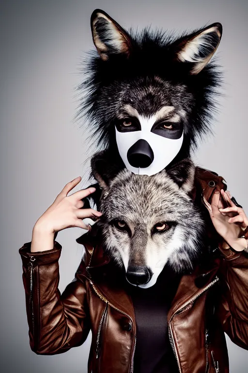 Image similar to professional photographic portrait of a punk girl in a leather jacket wearing a wolf's head over her face, fashion magazine shoot, cool punk with wolf on her head