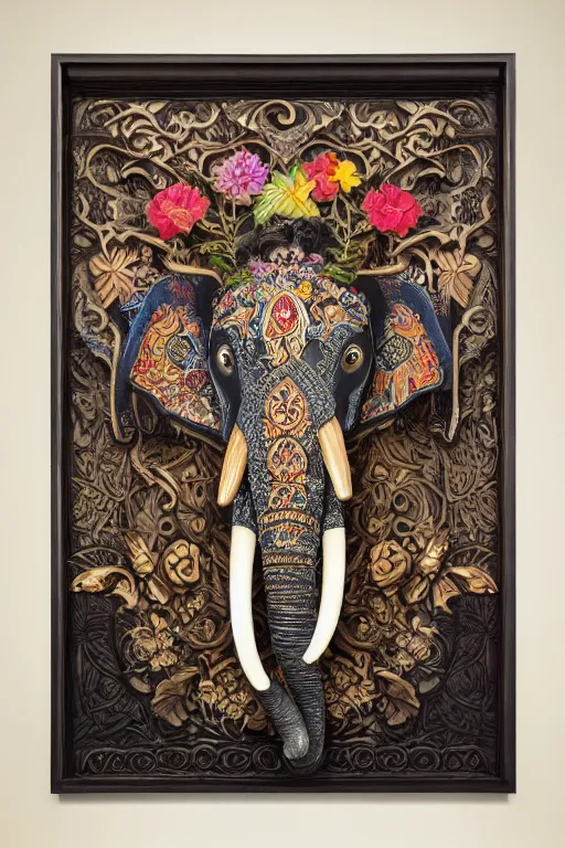 Prompt: Painted dark-wood panel relief carving of a close up of a Flowerpunk Matriarch Elephant, ornate border frame, explosion of colorful flowers, dark wood, intricately carved, black ink, festival of rich colors, intricate details, cinematic lighting, volumetric lighting, post-processing, art nouveau, tarot, by andreas rocha and john howe, and Martin Johnson Heade, featured on artstation, featured on behance, golden ratio, hyper detailed, photorealistic, epic composition, center spotlight, f32, well composed, symmetrical, UE5, 8k