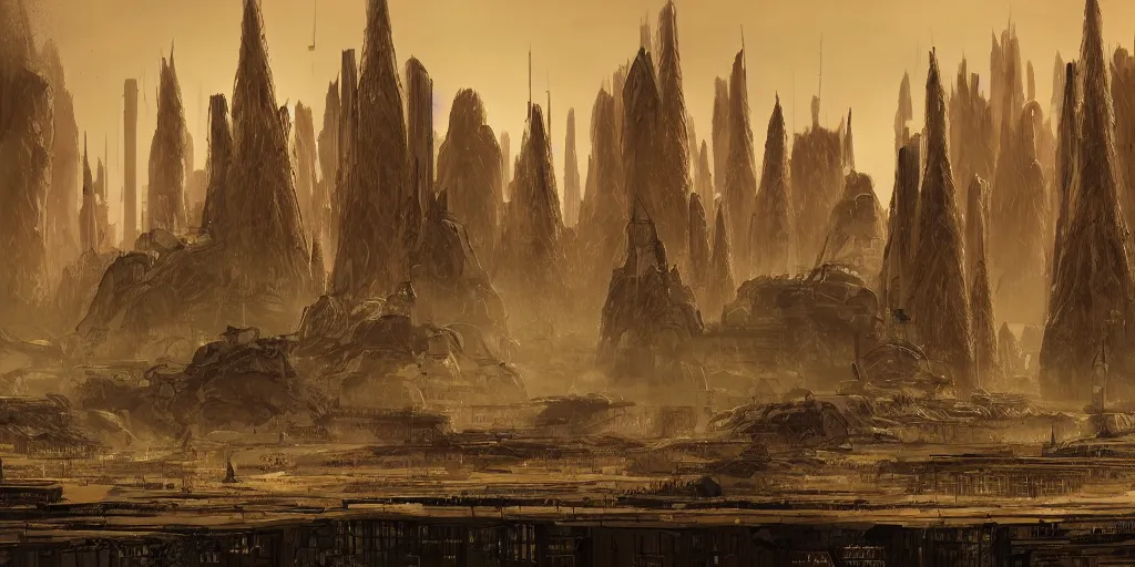 Image similar to city and temples of arrakis, but it is a luxurious oasis with trees and water, arrakeen, arab architectural and brutalism and gigantism, composition idea concept art for movies, style of denis villeneuve and greg fraiser