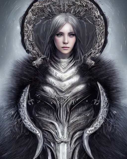 Image similar to portrait of a beautiful female hunter with shimmering hair, symmetrical face and eyes, dressed in intricate silver, cgsociety, Elden Ring, Dark Souls, Bloodborne