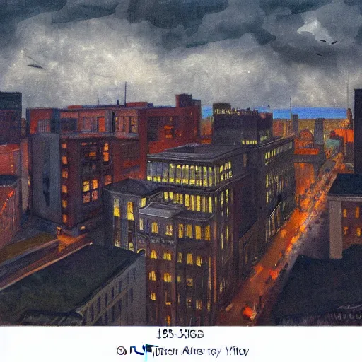 Image similar to full color ultra realistic painting of a balcony view of 1 9 2 5 boston downtown with a broken and distorted sky, dark, brooding, night, atmospheric, ultra - realistic, smooth, highly detailed