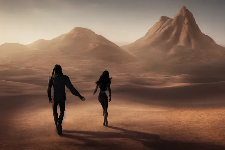 Image similar to a shadowy man and a beautiful pale woman with long black hair walk across the desert with mist in the background, extremely detailed, concept art, trending on artstation,