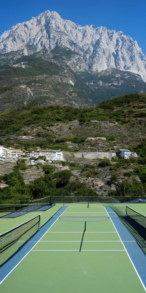 Image similar to The tennis court of the seaside resort, with a mountain background, taken by a professional photographer.