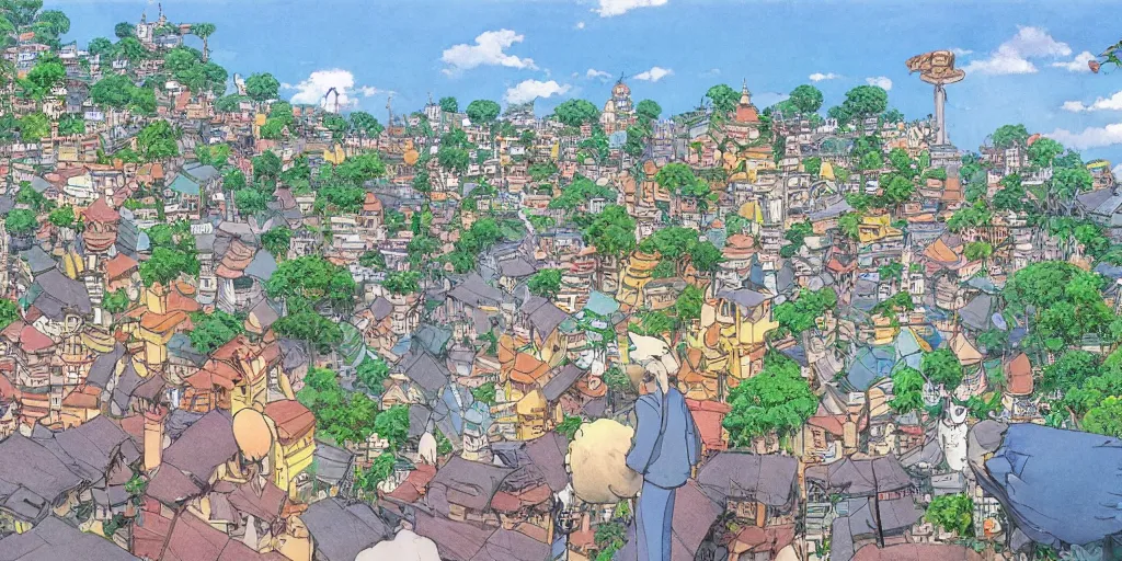 Prompt: cat looking at a sri lankan city, drawn by hayao miyazaki