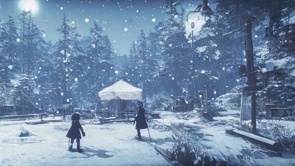 Prompt: beautiful Nier Automata landscape at a ski station, winter