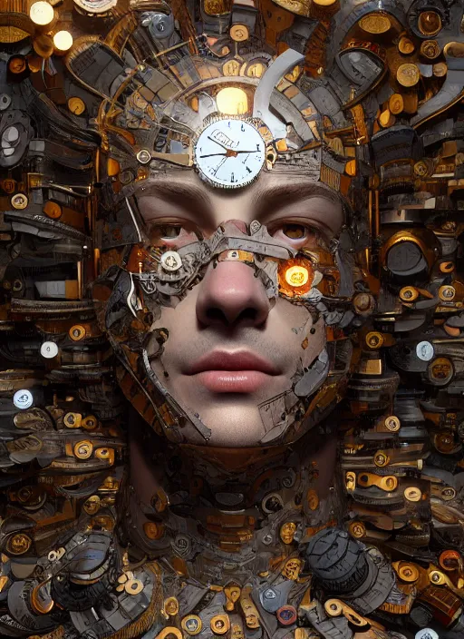 Prompt: the man made of clocks, au naturel, hyper detailed, digital art, trending in artstation, cinematic lighting, studio quality, smooth render, unreal engine 5 rendered, octane render, art style by klimt and nixeu and ian sprigger and wlop and krenz cushart