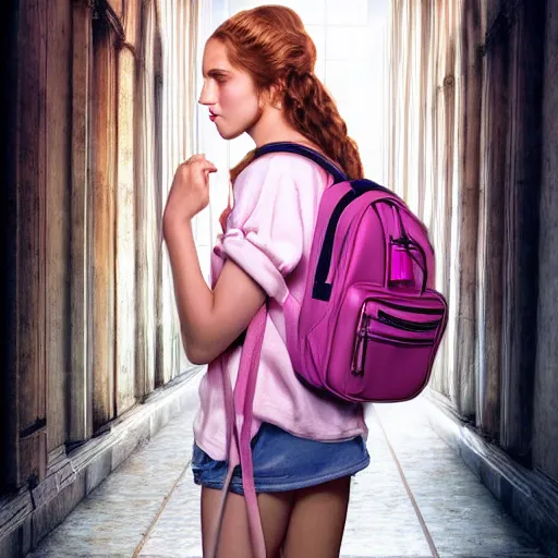 Prompt: Young Aphrodite with pink backpack in a high school hallway, full color photograph, ornately detailed, hyperrealistic, highly detailed face, 8k hd, best of artstation, soft lighting, magazine image