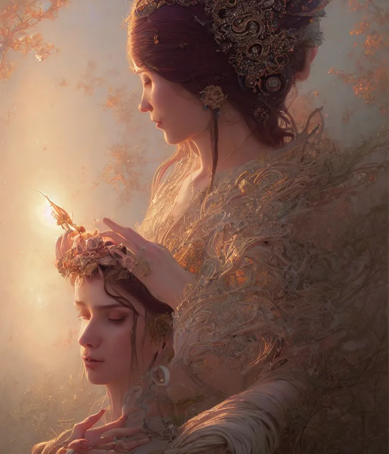 Image similar to highly detailed portrait of beautiful ethereal woman in ornate clothing, stephen bliss, unreal engine, fantasy art by greg rutkowski, loish, rhads, ferdinand knab, makoto shinkai and lois van baarle, ilya kuvshinov, rossdraws, tom bagshaw, global illumination, radiant light, detailed and intricate environment