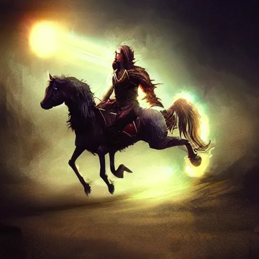 Prompt: “ rim light, fantasy, cinematic concept art, nicolas cage riding a robot horse out of hollywood as its exploding, award winning, dramatic lighting. ”