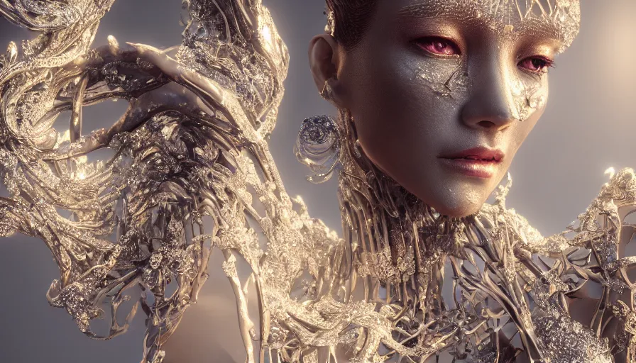 Image similar to full body detailed, ethereal, biomechanical, covered in diamonds and other gems glowing, highly detailed face, elegant posed, intricate, extremy detailed, beeple, cgsociety, 3 d unreal engine octane render. cinematic lighting, highly detailed 4 k art