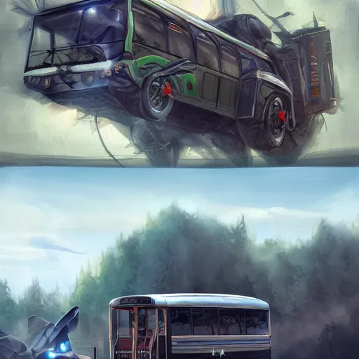 Prompt: Transformer hybrid of bus and wolf, having cabin if form of wolf head and long body of bus with wheels and windows, mechanical form of life, oil on canvas, fantasy, digital painting, concept art, smooth, sharp focus, illustration, artstation trending, octane render, unreal engine, Ghibli, anime style