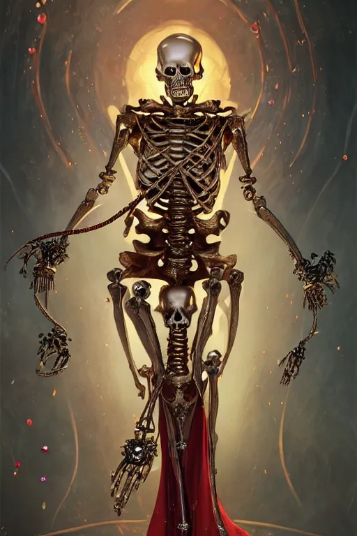 Image similar to androgyne lich skeleton made of iridescent metals and shiny gems covered with blood, long red hair, golden necklace, ultra realistic, concept art, intricate details, highly detailed, photorealistic, octane render, 8 k, unreal engine. dnd art by artgerm and greg rutkowski and alphonse mucha