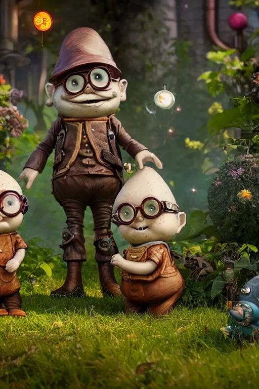 Prompt: Friendly steampunk sci-fi garden gnomes, ultra hd, design by Mark Ryden and Pixar and Hayao Miyazaki, unreal 5, DAZ, hyperrealistic, octane render, cosplay, RPG portrait, dynamic lighting, intricate detail, summer vibrancy, cinematic, background by gerald and andrei tarkovsky