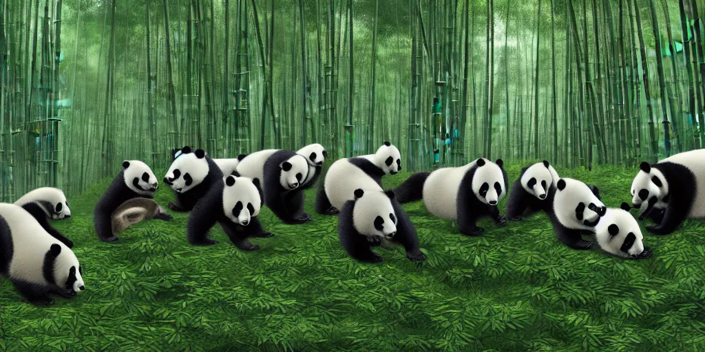 Image similar to a group of pandas doing research and scientific experiments on a spaceship crash site in a bamboo forest at daytime, matte painting, trending on artstation