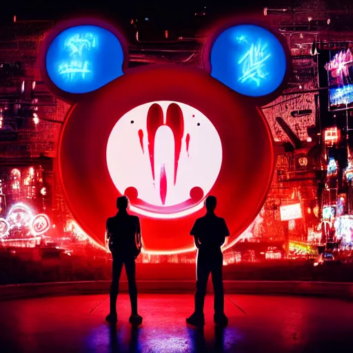 Image similar to a group of people around a giant giant mickey mouse head with blood, netflix logo, cyberpunk art by david lachapelle, cgsociety, dystopian art by industrial light and magic, concept art, neons, interior