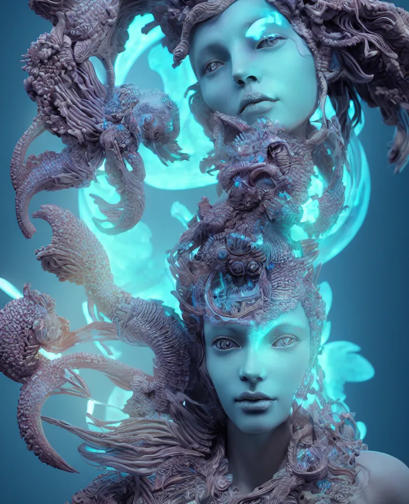 Image similar to goddess sculpture close-up portrait. orchid bird phoenix head, nautilus, skull, betta fish, bioluminiscent creatures, intricate artwork by Tooth Wu and wlop and beeple. octane render, trending on artstation, greg rutkowski very coherent symmetrical artwork. cinematic, hyper realism, high detail, octane render, 8k