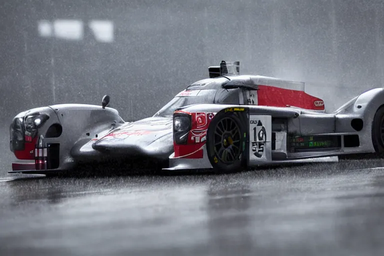 Prompt: detailed photo of the porsche 9 1 9 in heavy rain at circuit de spa - francorchamps, in the art style of nihonga