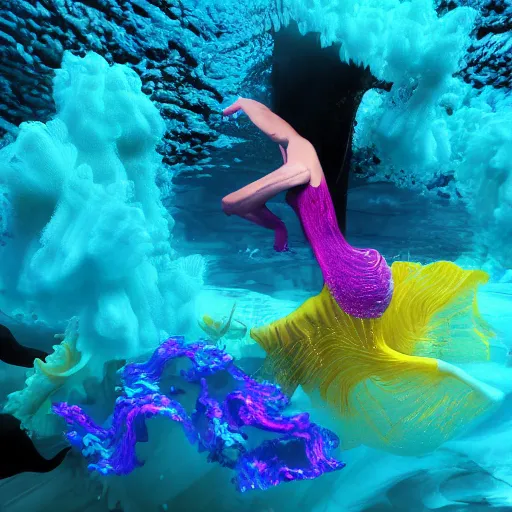 Image similar to woman dancing underwater wearing a flowing dress made of blue, magenta, and yellow seaweed, delicate coral sea bottom, swirling silver fish, swirling smoke shapes, renderman render, caustics lighting from above, cinematic, hyperdetailed