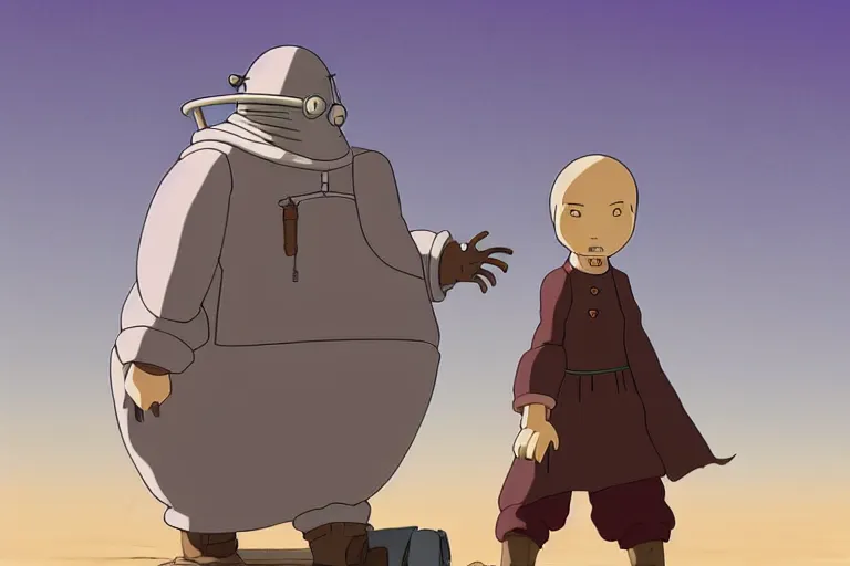 Prompt: a study of cell shaded cartoon of a grey mechanized monk from howl's moving castle ( 2 0 0 4 ) on a desert road, full body, wide shot, very muted colors, post grunge, studio ghibli, laurie greasley, highly detailed, deviantart, art by artgem