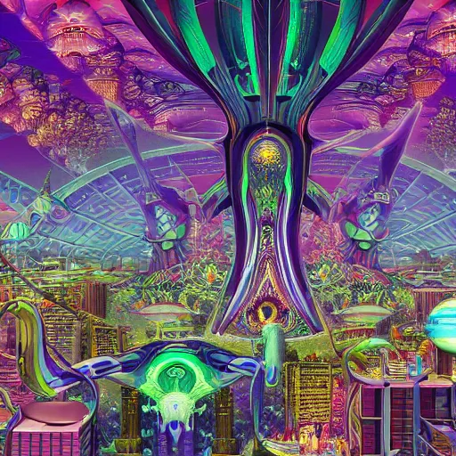 Image similar to alien panoramic village city rave hyper realism octane render airbush art nouveau intricate details by arthur adams, alex grey, lisa frank, syd mead, victo nagi