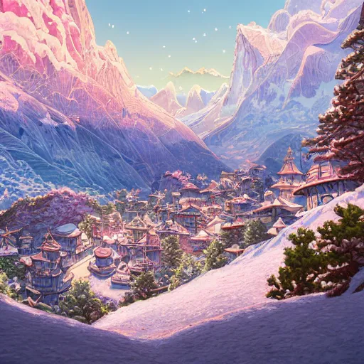 Image similar to the aesthetic view of the beautiful, grand, wistful, dreamy snowcapped mountain at dusk, hyperrealistic anime illustration by iralki nadar, colorful, extremely detailed, intricate linework, super sharp focus, bright colors, octopath traveler, studio ghibli, unreal engine 5 highly rendered, global illumination, radiant light, detailed and intricate environment