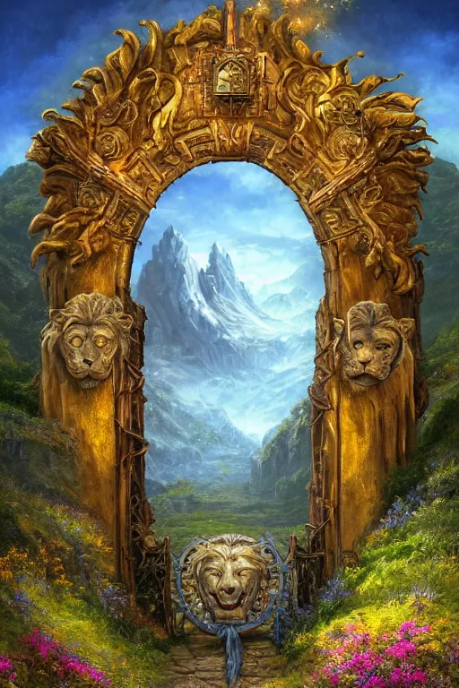 Image similar to A giant medieval fantasy blue energy portal gate with a rusty gold carved lion face at the center of it, the portal takes you to another world, full of colorful flowers on the lost Vibes and mountains in the background, spring, delicate fog, sea breeze rises in the air, by andreas rocha and john howe, and Martin Johnson Heade, featured on artstation, featured on behance, golden ratio, ultrawide angle, f32, well composed, rule of thirds, center spotlight, low angle view