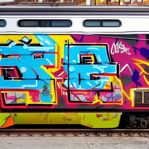 Image similar to wide angle full colour photo of a new york train carriage with the whole side covered by an award winning Graffiti piece in wildstyle, and many colours, with a comic character incorporated in the piece, ultrarealism, featured on artstation, octane render, powerful, iconic, inspiring, mesmerising