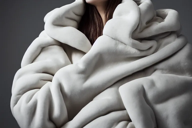 Image similar to well lit fashion shoot portrait of extremely beautiful female marble statue wearing huge over size puffer jacket by dingyun zhang, yeezy, balenciaga, vetements, a cold wall, sharp focus, clear, detailed,, cinematic, detailed, off white, glamourous, symmetrical, vogue, editorial, fashion, magazine shoot, glossy