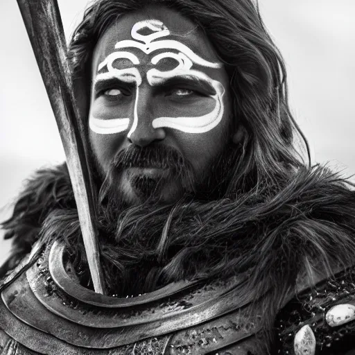 Image similar to viking in black body armour with black and white face painting, extremely detailed image from a film