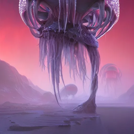 Prompt: photorealistic alien jellyfish world in the style of greg rutkowski and michael whelan. hyperdetailed photorealism, 1 0 8 megapixels, amazing depth, glowing rich colors, powerful imagery, psychedelic overtones, 3 d finalrender, 3 d shading, cinematic lighting, artstation concept art