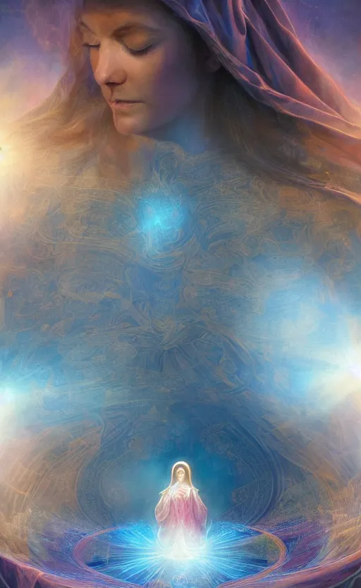 Image similar to crossing over the spiritual veil to heaven, sharp focus, intricate, elegant, digital painting, artstation, matte, highly detailed, concept art, illustration, volumetric lighting, gold and blue and pink color scheme, bokeh light, art by greg olsen, arnold friberg, and liz lemon swindle